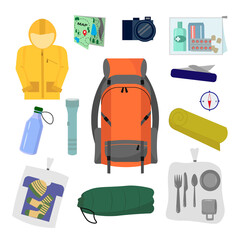 A set of items for hiking. Backpack, flashlight and map, spare clothes, food items, sleeping bag, first aid kit and camera. Vector illustration for brochures, instructions, covers and other designs.