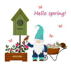 Card with little gnome, bird and birdhouse, flowers and garden cart. Spring illustration. Vector illustration isolated on white background. For packaging, prints, baby products, shops, cards and