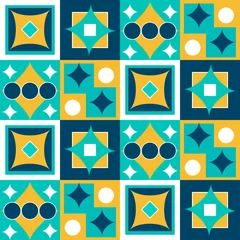 Tapeten Azulejo-Muster. Quadratische Fliesen mit farbigen geometrischen Mustern. Für Verpackungen, Drucke, Shops, Karten und Einladungen, Flyer, Broschüren und Umschläge, Souvenirdekoration. © Irina