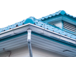 Low angle view, roof corner of a house with gutters. white background no people and isolated