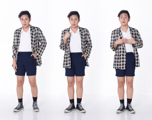 Obraz premium Full length Figure snap of 20s Asian Tanned skin man black hair shirt, pants, blazzer, sneaker shoes