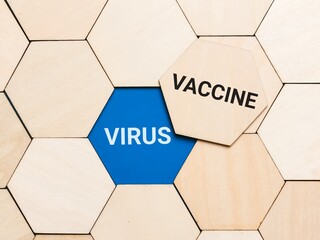 Words vaccine and virus on wooden hexagon. Health concept.