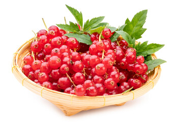 Sweet Red currant berries in wooden basket isolated on white background, Red currant on white background With clipping path.