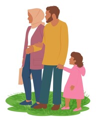 A Muslim family is walking in the park on the grass with a girl holding her father hand. Woman in hijab. Isolated on white. Couple in love. Relationship in happy traditional family. 