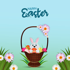 Easter day basket with easter bunny and easter grass