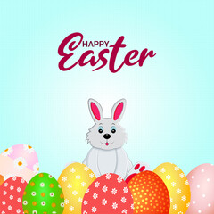 Happy easter greeting card with easter eggs and bunny