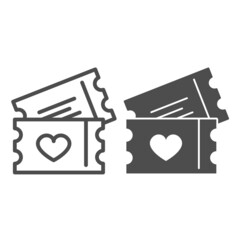 Paper tickets with heart line and solid icon, date and romance concept, invitation, card vector sign on white background, outline style icon for mobile concept and web design. Vector graphics.