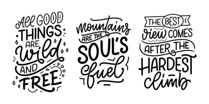 Poster with quotes about mountains. Lettering slogans. Motivational phrases for print design. Vector