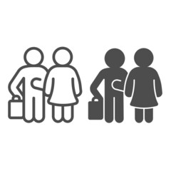 Man with luggage and woman line and solid icon, dating and partnership concept, moving, travel vector sign on white background, outline style icon for mobile concept and web design. Vector graphics.