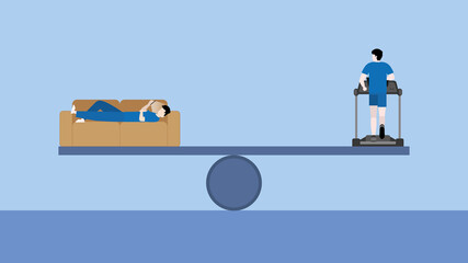 A balance on a seesaw of body and mind concepts. Physical strength is the exercise of running on a treadmill with the other side a man lie on a sofa and use a smartphone to relax and relieve stress.