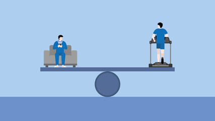 A balance on a seesaw of body and mind concepts. Physical strength is the exercise of running on a treadmill with the other side a man sit on a sofa and use a smartphone to relax and relieve stress.