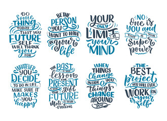 Fototapeta premium Set with lettering slogans about be yourself. Funny quotes for blog, poster and print design. Modern calligraphy texts about selfcare. Vector