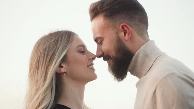 Sweet Couple Rubbing Noses For Eskimo Kiss.  close up