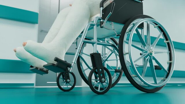 A patient with broken bones in a wheelchair in a hospital. Legs in plaster.