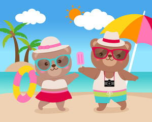 Cute bears couple on the beach in summer holidays concept.