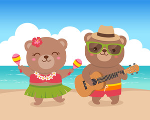 Cute hawaiian bears couple playing ukulele and shaking maracas on the beach in summer holidays concept.