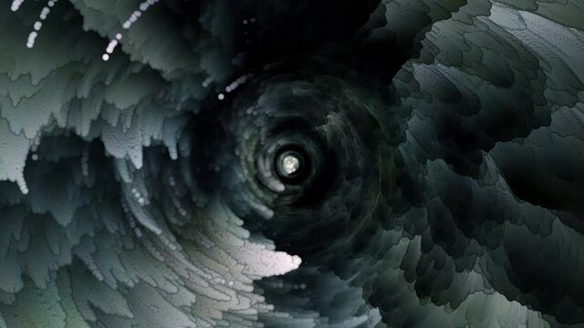 3D Abstract chaotic digital cloud swirl in cave tunnel with  energy light effect background concept. 4K 3D seamless looping. Creative Sci-Fi Dark Devil Tunnel with Light and Shadow Endless Title Motio