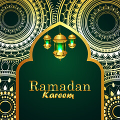 Ramadan kareem or eid mubarak greeting card with creative lantern