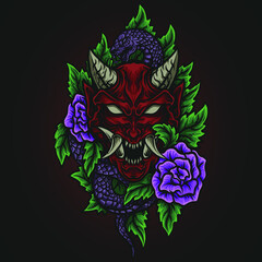 artwork illustration and t shirt design devil rose and snake engraving ornament