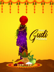 Happy gudi padwa event greeting card with creative kalash