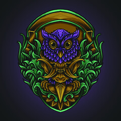 artwork illustration and t shirt design owl skull engraving ornament