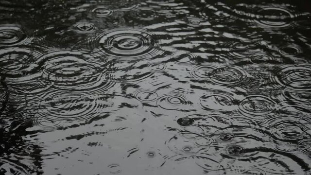 beautiful rain drops falling on water surface slow motion
