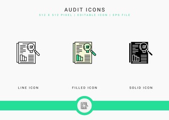 Audit icons set vector illustration with solid icon line style. Financial overview control concept. Editable stroke icon on isolated background for web design, infographic and UI mobile app.