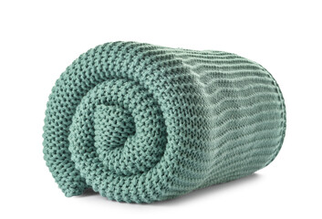 Rolled knitted blanket on white background