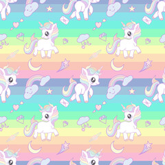 Cute  unicorn decorated with rainbow, diamond, heart shape and cloud seamless pattern on rainbow  background.