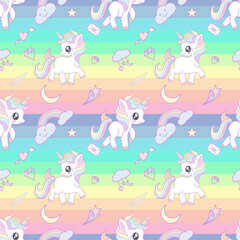 Naklejka premium Cute unicorn decorated with rainbow, diamond, heart shape and cloud seamless pattern on rainbow background.