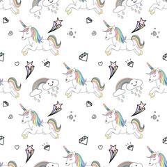 Cute  unicorn decorated with rainbow, diamond, heart shape and cloud seamless pattern on sky white  background.