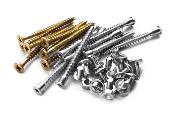 Bolts, screws and nuts on white background