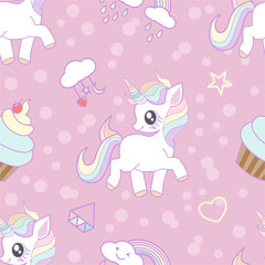 Vector pattern with cute unicorns, ice cream, polka dot,heart  and stars on pink background