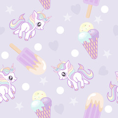 Vector pattern with cute unicorns, ice cream, polka dot,heart  and stars on purple background