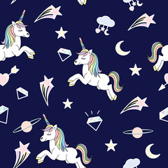 Cute  unicorn seamless pattern decorated with rainbow, diamond, heart shape, star and  on dark blue  background