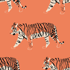 Fototapeta na wymiar Seamless exotic pattern with abstract animal silhouettes. Vector hand drawing illustration. Vector seamless pattern with cute tigers on an orange background. Show of circus animals. Fashionable fabric