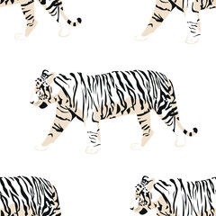 Seamless exotic pattern with abstract animal silhouettes. Vector hand drawing illustration. Vector seamless pattern with cute tigers on an white background. Show of circus animals. Fashionable fabric