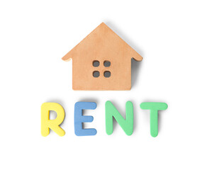 Wooden house and word RENT on white background