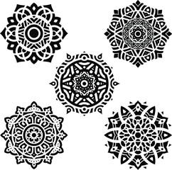 Vector ornament in black on a white background.  round Ornament Pattern. Set of circular mandala on blue background. Vector mandala. Mandala with floral patterns. Yoga template. pack mandalas
