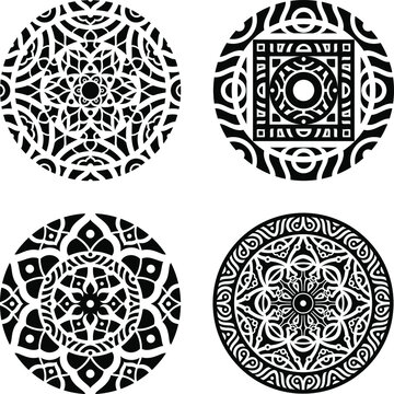 Vector ornament in black on a white background.  round Ornament Pattern. Set of circular mandala on blue background. Vector mandala. Mandala with floral patterns. Yoga template. pack mandalas