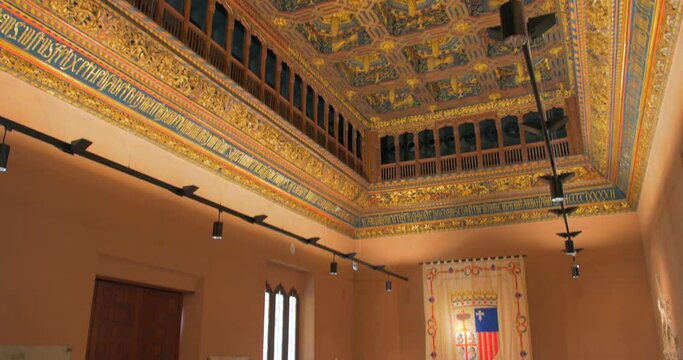 Interior And Ceiling Of Grand Hall Of The Palace of the Catholic Monarchs In Aljaferia Palace In Zaragoza, Spain. - tilt up