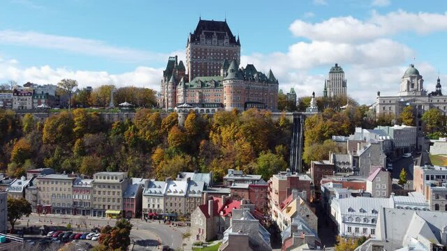 Aerial view of Quebec City Old Town in the fall season sunny day.