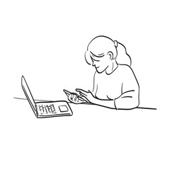 line art business woman using smartphone with laptop computer at table in office illustration vector isolated on white background