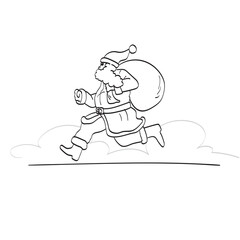 line art Santa claus running with bag illustration vector isolated on white background