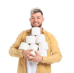 Young man with many rolls of toilet paper on white background