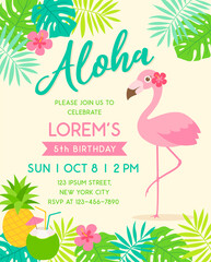 Cute flamingo with border of tropical fruit and leaf illustration for party invitation card template.