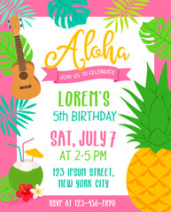 Border of tropical fruit, flower, leaf and guitar for party invitation card template.
