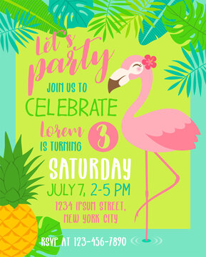 Cute flamingo with border of tropical fruit and leaf illustration for party invitation card template.