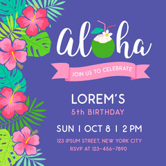 Hibiscus and tropical leaf border illustration for party invitation card template.