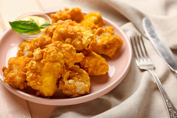 Plate with tasty popcorn chicken, basil and sauce on table, closeup